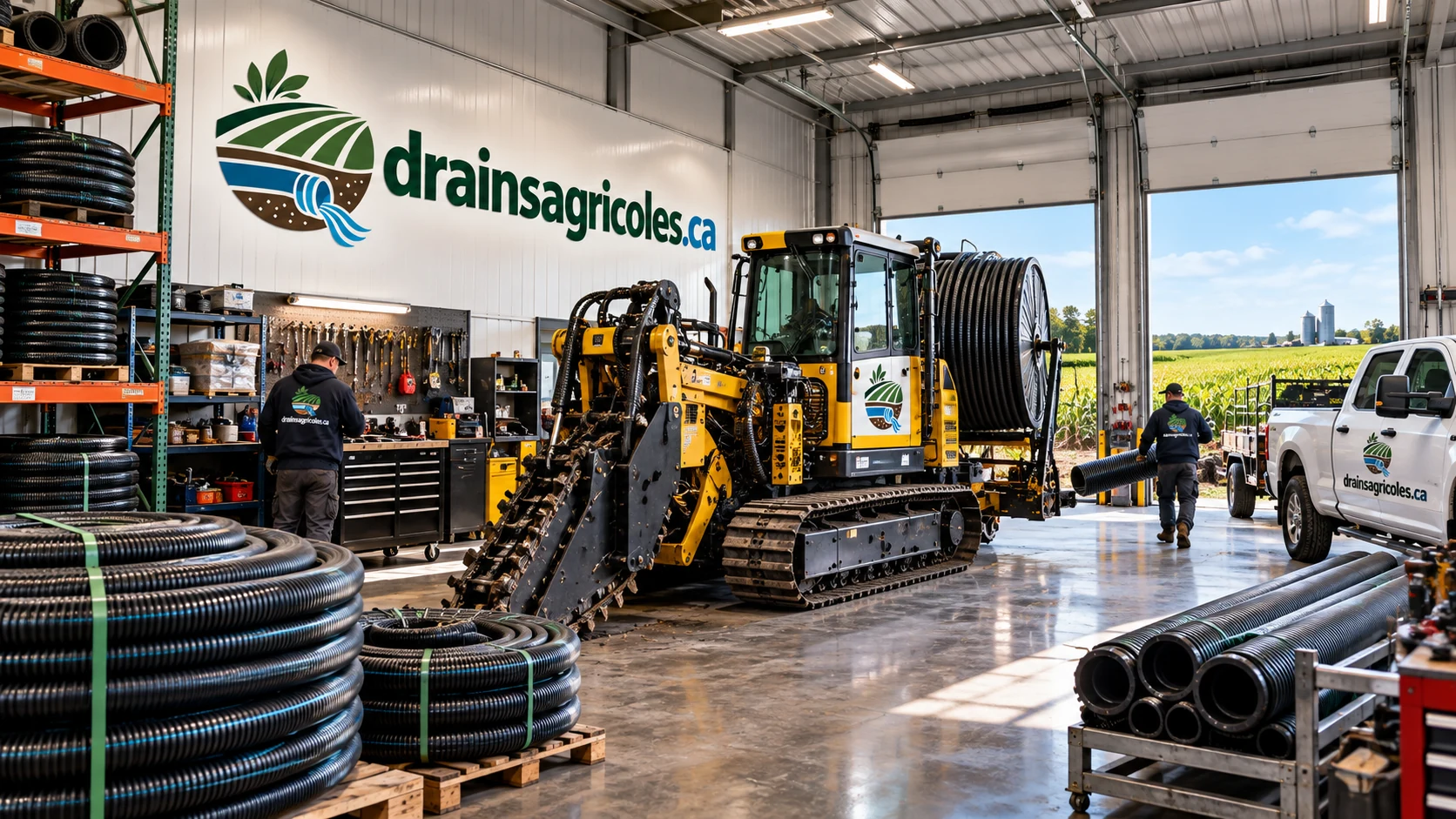 Atelier de drainage agricole : trancheuse, rouleaux de tuyau annelé et camion de service