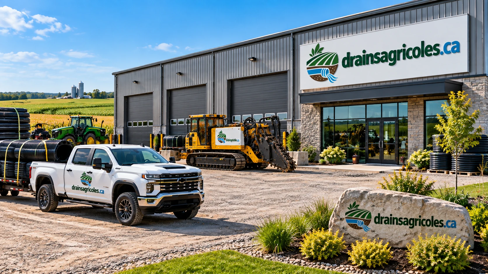Cour d'entreprise de drainage agricole avec trancheuse, tracteur et rouleaux de drain