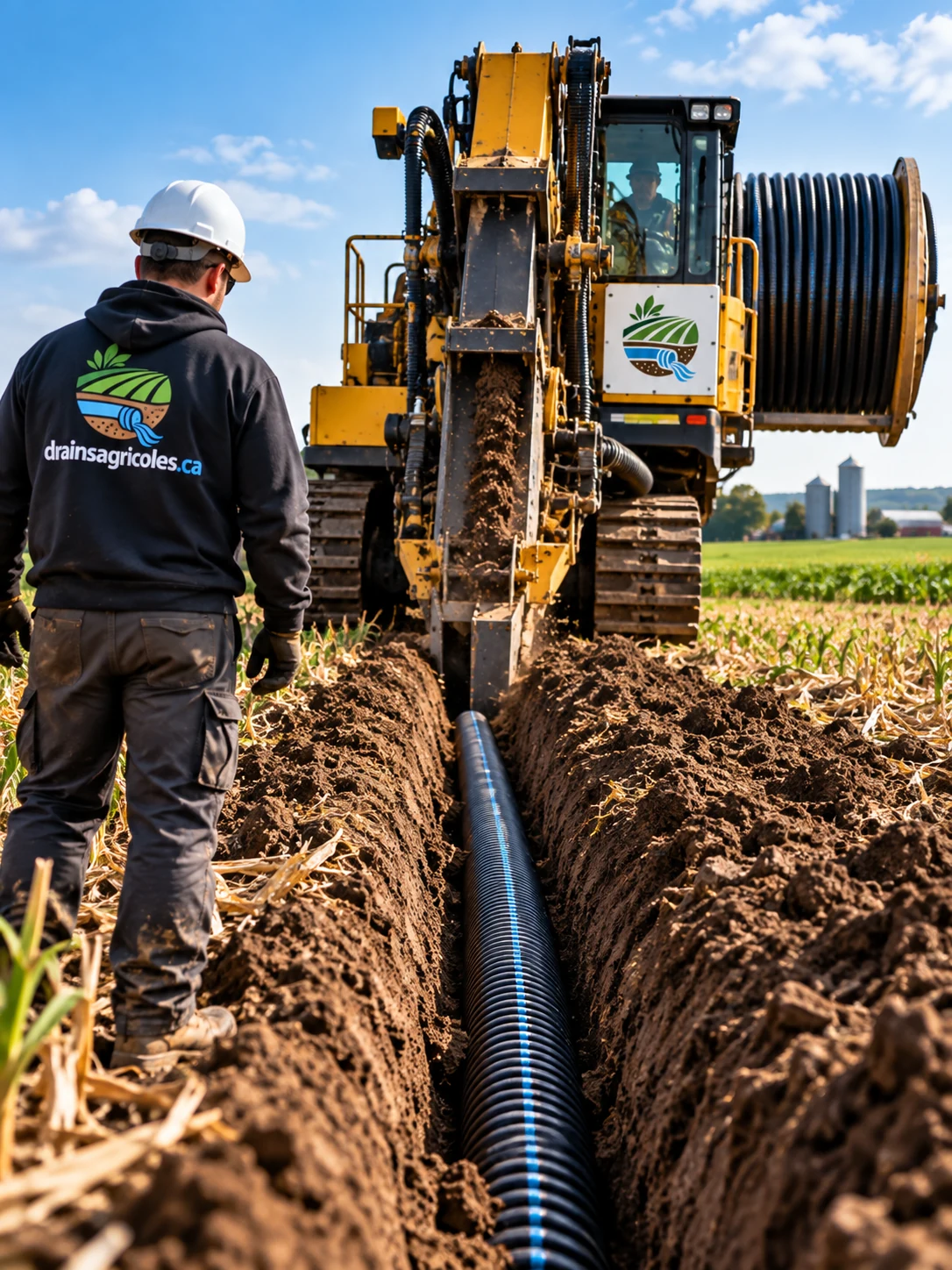 Pose de drain agricole dans une tranchée ouverte derrière une trancheuse