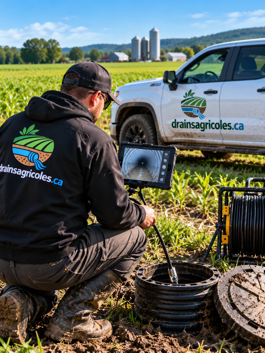 Inspection par caméra d'un drain agricole depuis un regard au champ
