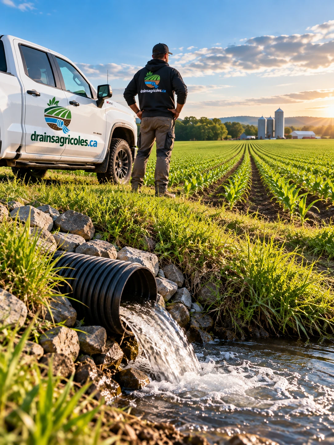 Sortie de drain agricole évacuant l'eau vers un fossé en bordure de champ