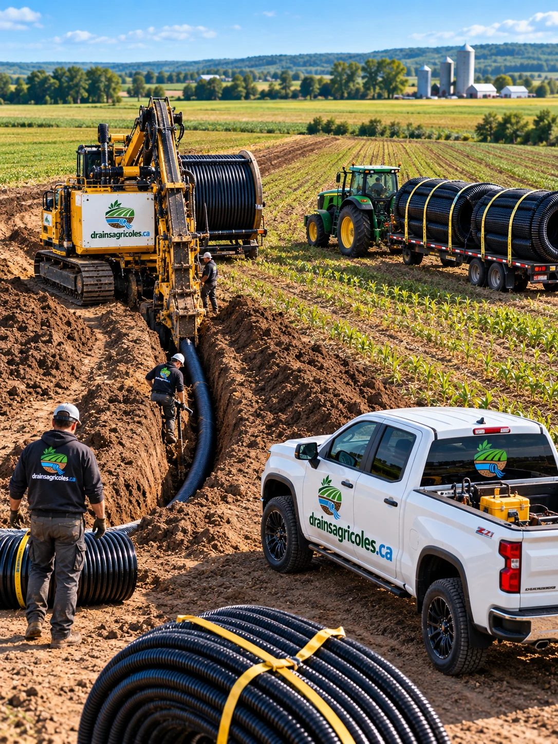 Chantier de drainage agricole avec trancheuse, tracteur et rouleaux de tuyau